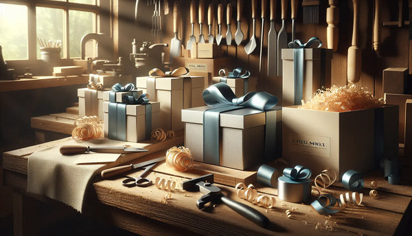Gemütliche Werkstatt mit schimmernden Werkzeugen und elegant verpackten Geschenken in Steelmonks Farben, warmes atmosphärisches Licht, einladende Stimmung.