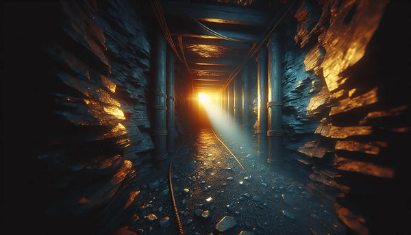Bergwerkschacht mit hellem Licht, das Dunkelheit erhellt, im warmen, freundlichen Steelmonks Look mit den Farben Blau, Weiß und Gelb.
