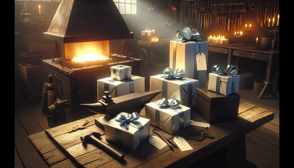 Warmes Bild einer Schmiede mit elegant verpackten Geschenken in Steelmonks Farben, stimmungsvolle Beleuchtung und realistische Texturen.
