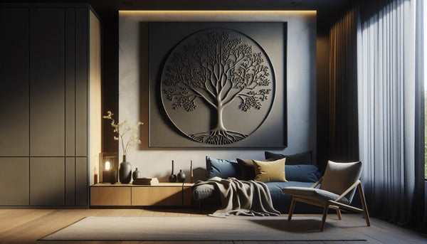 Wohnzimmer mit individuell gestalteten, subtil beleuchteten Lebensbaum an der Wand, moderne warme Holzmöbel, ruhige Atmosphäre im Steelmonks-Farbdesign.
