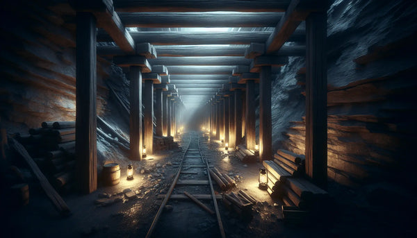 Historisches Bergwerksstollensystem mit rustikalen Holzbalken und warmem, einladendem Licht in Steelmonks Farben.