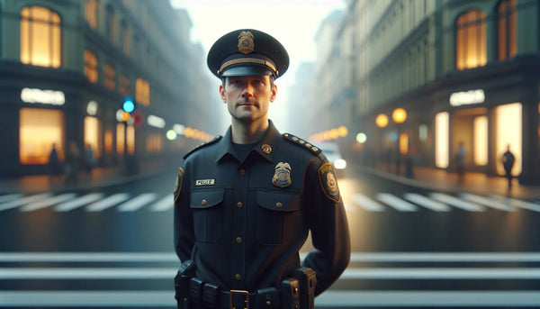 Uniformierter Polizist mit Persian Blue Akzenten an einer belebten Straßenkreuzung in freundlicher urbaner Umgebung, im Steelmonks Stil.