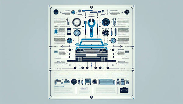 Minimalistische Infografik eines stilisierten Diagnosegeräts für eine Autowerkstatt in Persian Blue mit gelbem Akzent auf weißem Hintergrund mit ruhig platziertem Text.
