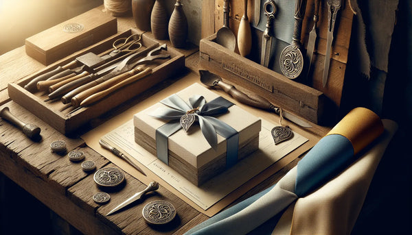 Werkstatt-Szene mit personalisierten Werkzeug-Geschenken, gravierte Zunft-Anhänger, elegante weiße Geschenkboxen mit blauen Bändern in warmem Ambiente.