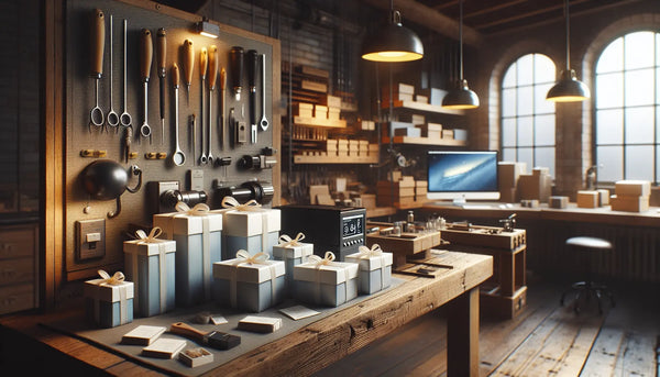 Gemütliche Werkstatt mit sauber organisierten Werkzeugen, modernen Elektronikgeräten und elegant verpackten Geschenken in Steelmonks Farben, warm beleuchtet.