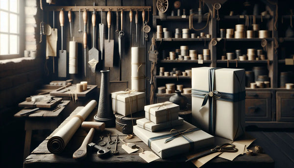 Rustikales Handwerkeratelier mit sorgfältig arrangierten Werkzeugen und stilvoll verpackten Geschenken in Steelmonks Farben für Wertschätzung und Freundschaft.
