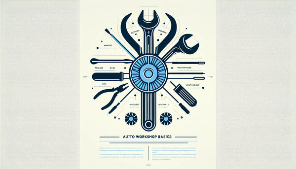 Minimalistische Infografik mit stilisiertem Kfz-Werkzeugset in Persian Blue auf weißem Hintergrund mit Text Autowerkstatt Basics Essentielles Kfz Werkzeug Set.