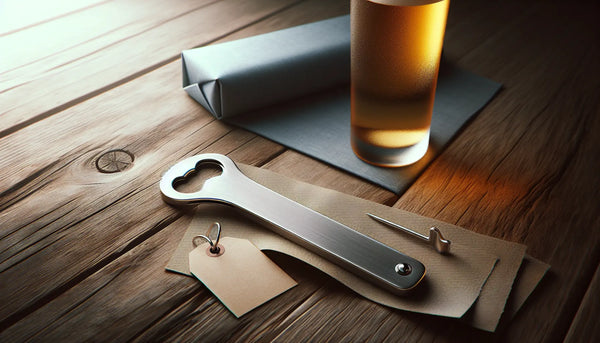 Stilvoller Edelstahl Axt-Flaschenöffner auf Holztisch neben rustikalem Bierglas, stimmungsvolles Bild in Steelmonks-Farben.