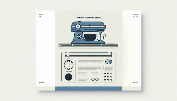 Minimalistische Vektorgrafik eines stilisierten Rührgeräts in Persian Blue mit gelbem Akzent auf weißem Hintergrund, dazu Text Bäckerei Handwerk und Tradition und Präzision.