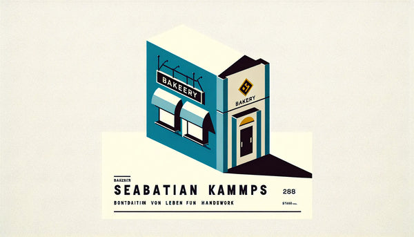 Traditionelle Baeckerei Ladenfront als einfache Vektorgrafik auf hellem Hintergrund mit Text zu Sebastian Kamps Leben und Handwerk