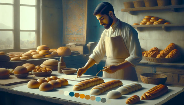 Bäckergeselle arbeitet in traditioneller Bäckerei mit frisch gebackenem Brot, warmes Licht und minimalistische, elegante Farben im Steelmonks-Stil.