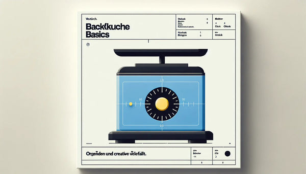 digitale kuchenwaage als klare veektorgrafik auf ruhigem hellen hintergrund mit text zu backkuche basics und ordnung kreative vielfalt