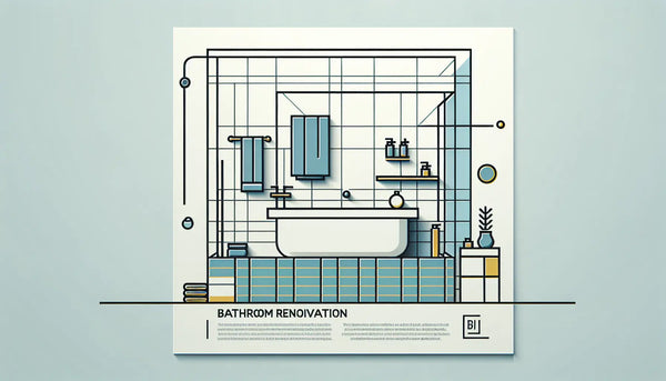 minimalistisches stilisiertes badezimmer mit modernen fliesen und dezenten akzenten auf ruhigem weissem hintergrund mit text zu badrenovierung