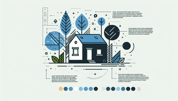 Minimalistisches Baumhaus als stilisierte Vektorgrafik in Persian Blue mit gelbem Akzentpunkt auf weißem ruhigem Hintergrund mit Text Baumhaus Rückzugsort und Stichpunkt Waldidylle und Ruhe.