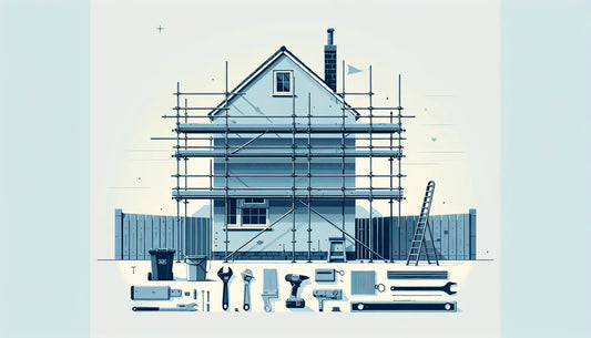 reduziertes korrekt befestigtes geruest an hauswand mit stilisierten bauwerkzeugen auf weiss ohne details minimalistisch