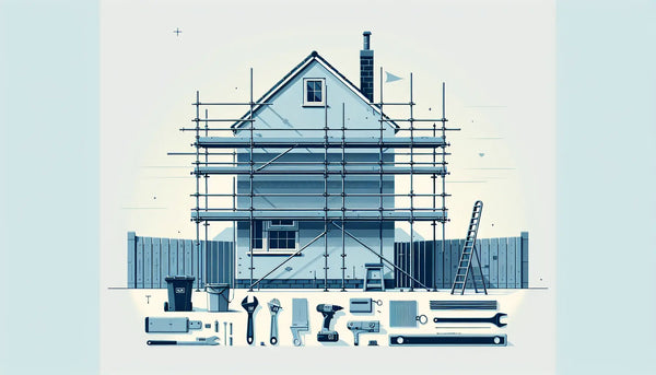 reduziertes korrekt befestigtes geruest an hauswand mit stilisierten bauwerkzeugen auf weiss ohne details minimalistisch