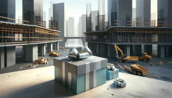 Urbanes Baustellenmotiv mit Betonbauern und stilvollen Geschenken in Steelmonks-Farben, warme, realistische Atmosphäre, Neubau im Hintergrund.