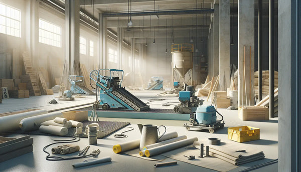 Baustelle mit Estricharbeiten und Zementmischmaschinen in Steelmonks Farben, realistisch, warm und einladend.