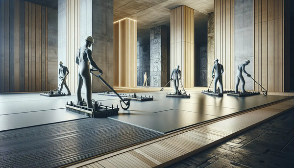 Präzise Estrichleger auf Baustelle nivellieren Boden, stimmungsvolles Bild in Steelmonks Farben mit realistischen Texturen und ruhiger Atmosphäre