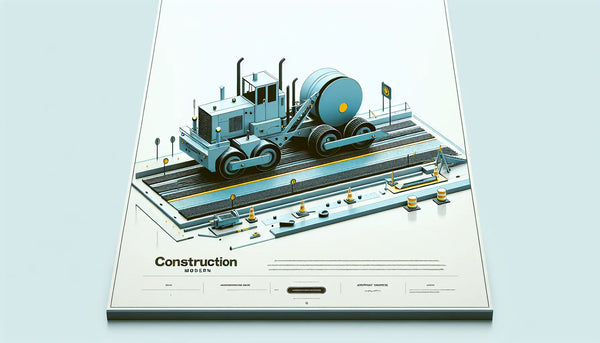 stilisiertes baumaschinen symbol als einfache vektorgrafik auf hellem hintergrund mit text zu moderner baustelle und asphaltierungsarbeiten