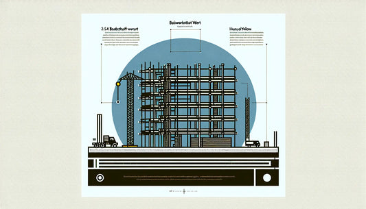 Minimalistische Vektorillustration eines stilisierten Gerüsts in Persian Blue auf weißem Hintergrund mit Akzentpunkt in Gelb und Text Bauwerkstatt Wert darunter