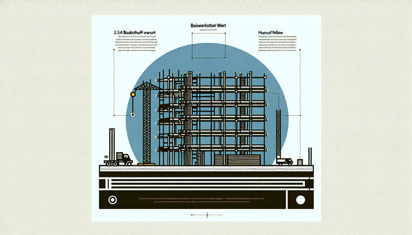 Minimalistische Vektorillustration eines stilisierten Gerüsts in Persian Blue auf weißem Hintergrund mit Akzentpunkt in Gelb und Text Bauwerkstatt Wert darunter