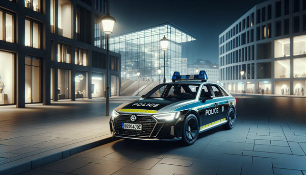 Berliner Polizeiwagen bei Nacht auf leuchtenden Straßen mit moderner Architektur in Steelmonks Farbpalette.
