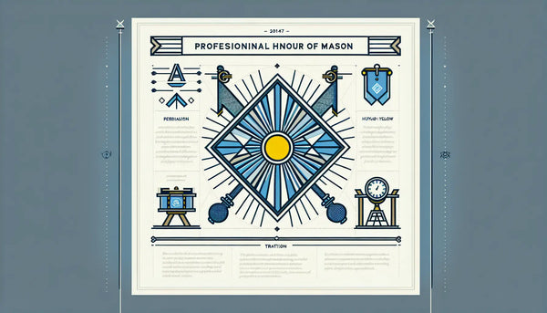 Minimalistischer Zunft-Anstecker im traditionellen Stil des Maurers als klare Vektorgrafik in Persian Blue mit gelbem Akzentpunkt auf weißem Hintergrund
