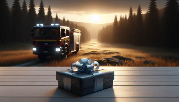 Intime, beruhigende Szene mit Feuerwehrauto in Waldlandschaft bei Sonnenuntergang, schlankes Geschenk mit blauem Band, freundliche, warme Atmosphäre.