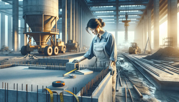 Betonbauer auf Großbaustelle bei präziser Messung am Rohbau, umgeben von Maschinen und Baumaterialien in Steelmonks Farbschema.