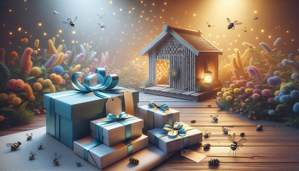Realistisches Bild eines blühenden Gartens mit Holz-Insektenhotel und elegant verpackten Geschenken in Steelmonks-Farben.