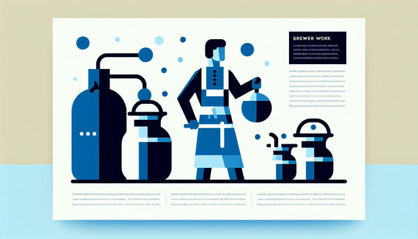 Minimalistische Vektorgrafik eines Brauers in der Schweiz mit Kupferkesseln im Hintergrund in reduziertem Steelmonks-Stil mit klaren Linien und ruhigem Weißraum