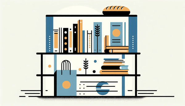 minimalistisches bücherregal mit brotbackbuechern und symbolischen backzutaten als klare vektorgrafik auf weissem hintergrund mit text zu brotback literatur