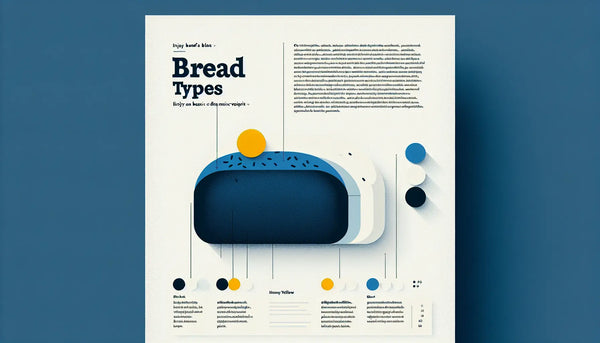 Minimalistische Vektorgrafik eines stilisierten Brots in Persian Blue mit kleinem gelben Akzent auf hellem Ghost White Hintergrund mit Überschrift Brotsorten.