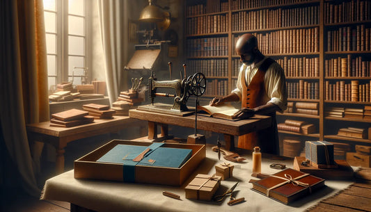 Traditioneller Buchbinder restauriert ein historisches Buch in warmer Werkstatt mit eleganten Geschenken in Steelmonks Farben.