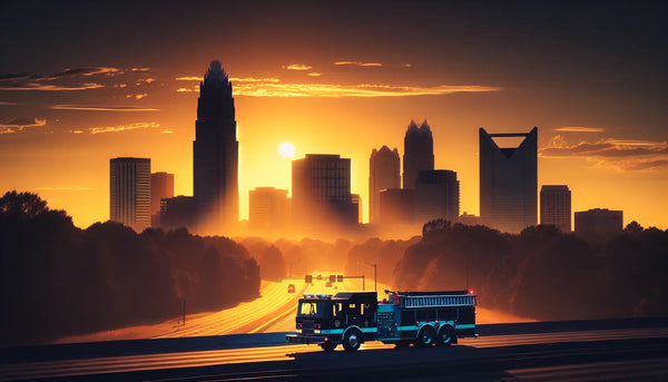Hochhaus-Silhouette von Charlotte, NC bei Sonnenuntergang mit stilvollem Feuerwehrfahrzeug im Vordergrund, warm und realistisch beleuchtet.