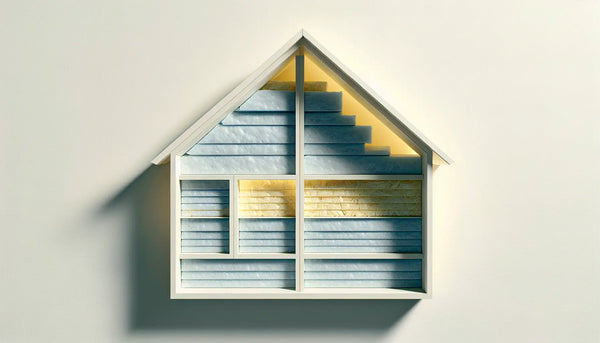stilisiertes dachboden daemmobjekt als reduzierte vektorgrafik auf weissem hintergrund mit text zu dachboden energieeffizienz und energiesparend und natuerlich einladend