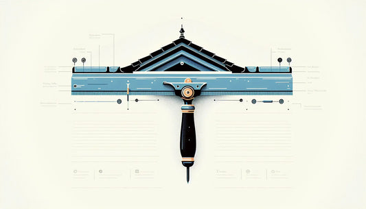 Minimalistische Vektorgrafik eines traditionellen und modernen Dachdeckerwerkzeugs in Persian Blue auf weißem Hintergrund mit gelbem Akzentpunkt und Titel Dachdecker Werkzeuge