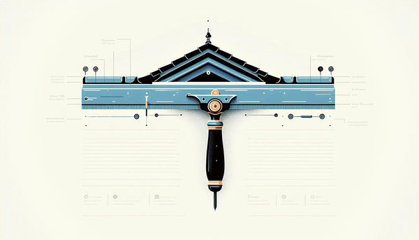 Minimalistische Vektorgrafik eines traditionellen und modernen Dachdeckerwerkzeugs in Persian Blue auf weißem Hintergrund mit gelbem Akzentpunkt und Titel Dachdecker Werkzeuge