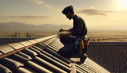 Dachdecker bei der Arbeit auf traditionellem Dach, warme Stimmung, klare Landschaft, Steelmonks-Farbschema mit eleganten Akzenten.
