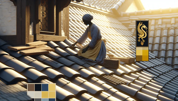 Dachdecker bei sonniger Arbeit auf traditionellem Hausdach mit Zunftzeichen, Steelmonks Farben, warme, realistische Handwerksdarstellung.