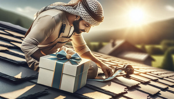 Dachdecker arbeitet auf großem Schieferdach an sonnigem Tag mit stilvollem Geschenk im Steelmonks-Farblook.