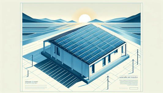 stilisiertes dach mit photovoltaikmodulen und aufdachdämmung als reduzierte vektorgrafik auf hellem hintergrund mit text zu dachsanierung und nachhaltigkeit