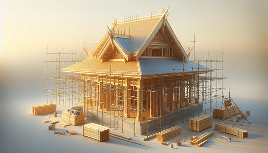 Dachstuhl im Bau mit Baugerüsten bei klarem Himmel, warmes Licht, realistische Holzstrukturen, Steelmonks Farbschema und ruhige, einladende Atmosphäre.