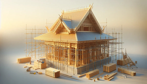 Dachstuhl im Bau mit Baugerüsten bei klarem Himmel, warmes Licht, realistische Holzstrukturen, Steelmonks Farbschema und ruhige, einladende Atmosphäre.