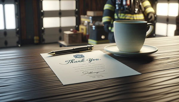 Warmes Feuerwehrhaus-Setting mit handschriftlichem Dankesbrief und Tasse Kaffee auf Holztisch in Steelmonks-Farben.