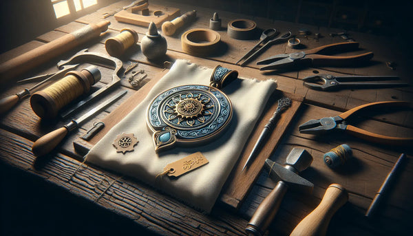 Detaillierte Zunftanhänger auf robustem Werkstatttisch mit Handwerkszeug, warme Beleuchtung, Steelmonks Farbpalette, stilvolle Atmosphäre