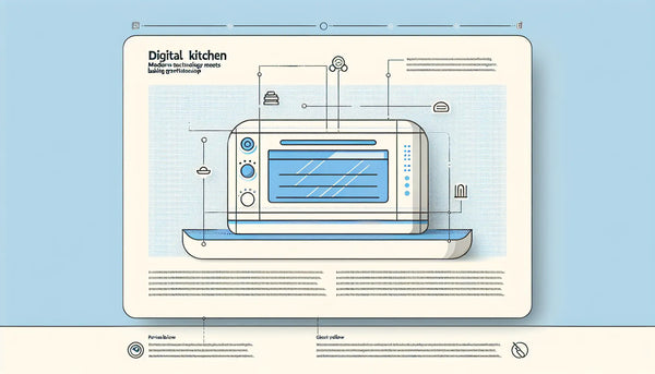 Minimalistisch dargestelltes digitales Küchengerät in blauen Linien mit gelbem Akzentpunkt auf weißem Hintergrund, minimalistische Infografik zur modernen Küche