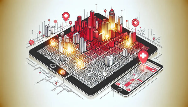 Skizzenhafter Lageplan einer Stadt mit hervorgehobenen Notfallapotheken und digitalen Geräten wie Smartphone und Tablet vor weissem Hintergrund