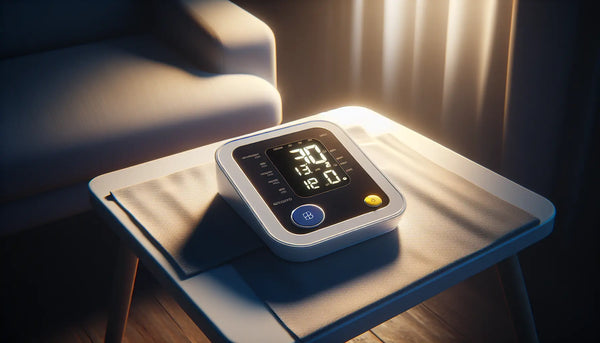 Digitales Blutdruckmessgerät mit leuchtenden Anzeigen und Speichertasten auf hellem Tisch, warm und minimalistisch im Steelmonks-Stil.